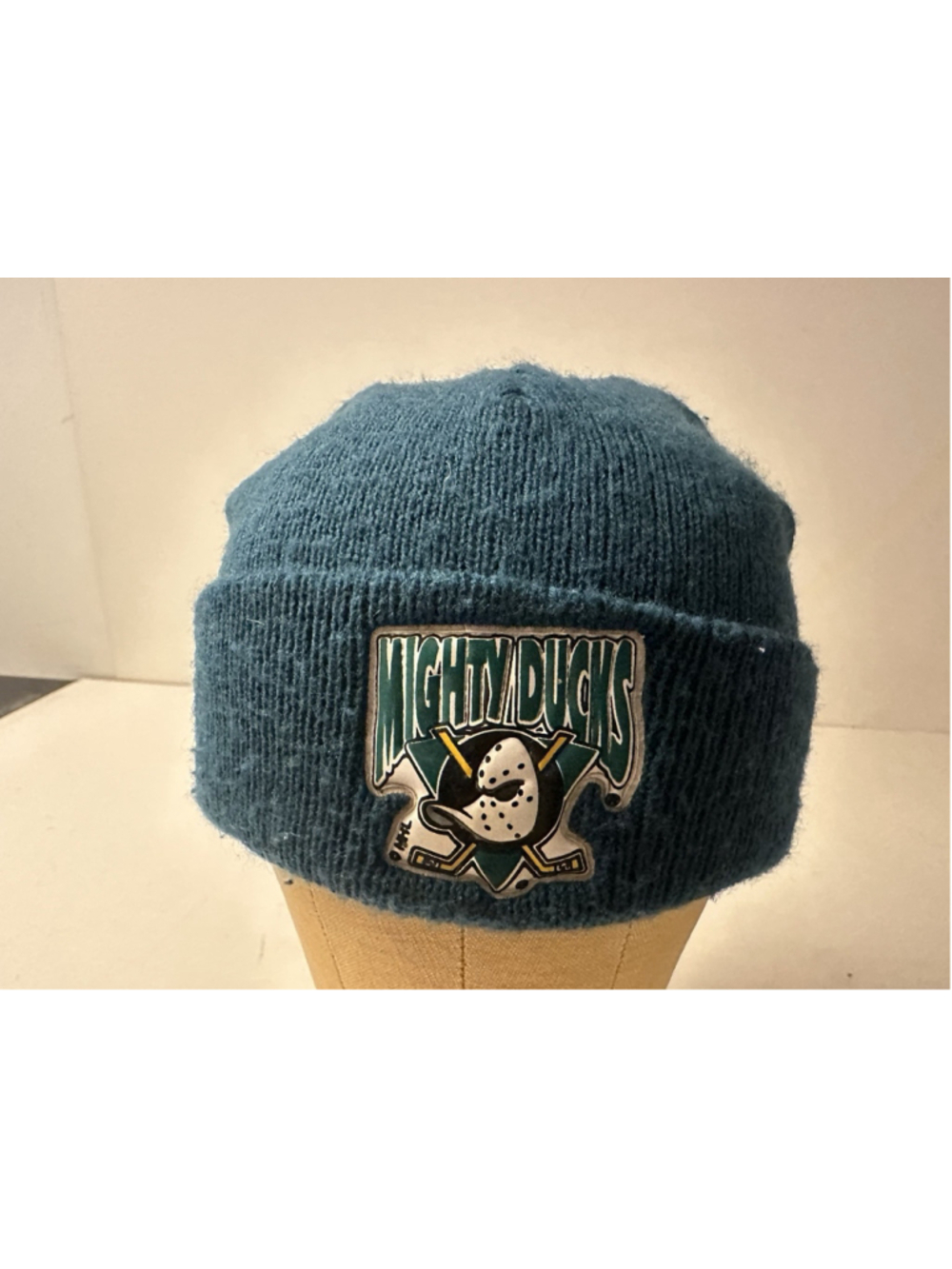 Vintage 90s Mighty Ducks of Anaheim Beanie Hat Teal Teal Rubber Logo NHL